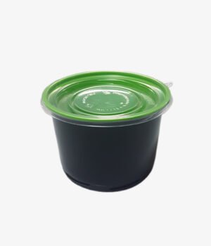 Pot rond en plastique noir fond vert avec couvercle