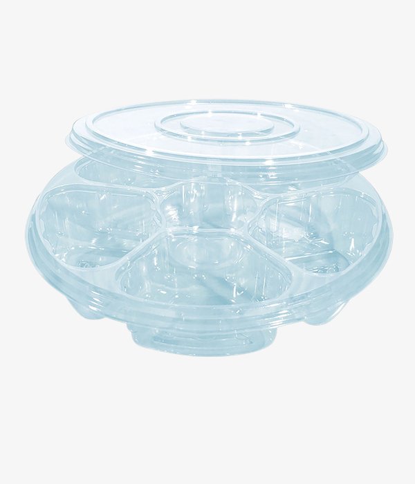 Barquette ronde transparente 6 compartiments avec couvercle